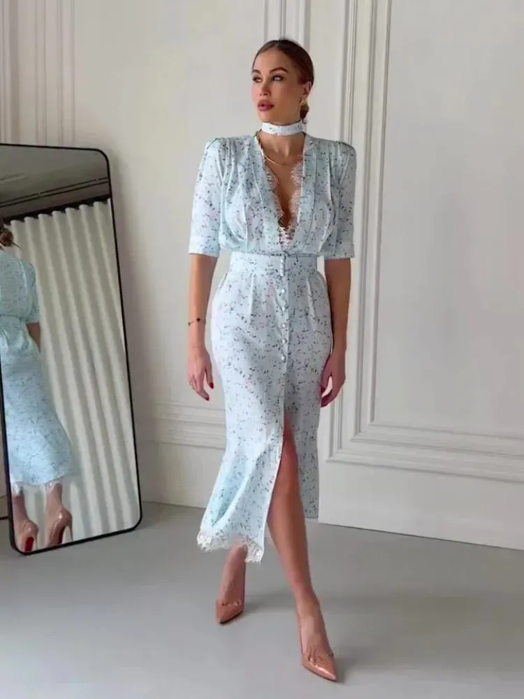 Deep V Neck Lace Trimmed Printed Dress Women Light Blue Tie Front Button Up Short Sleeve Robe Summer Lady Party Dresses 2026 — image 5