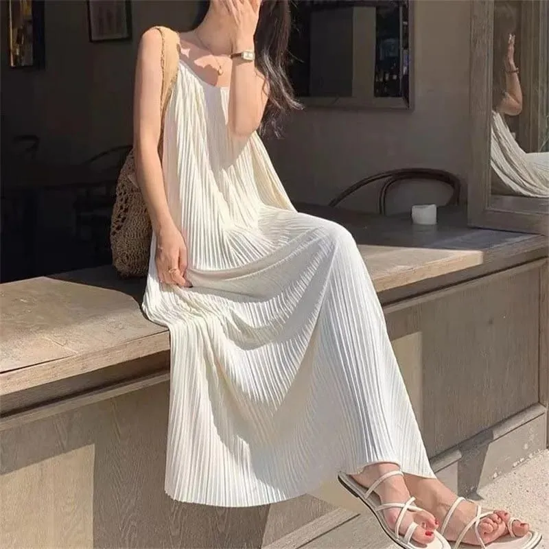 Women Spaghetti Strap Dress 2026 Summer Solid Color Loose Long Beach Sundress Lasy Elegant Sleeveless Evening Party Midi Dresses