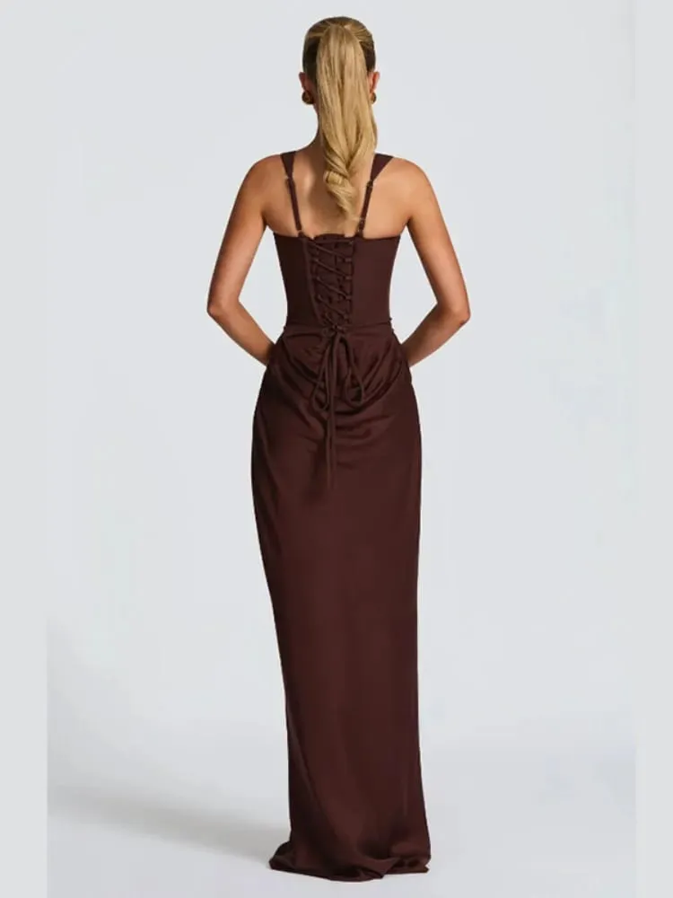 Lady Elegant Pleated Sling Dresses Solid Square Neck Sleeveless Off-shoulder Waist Cinching Dress Fashion Evening Party Gowns — image 4