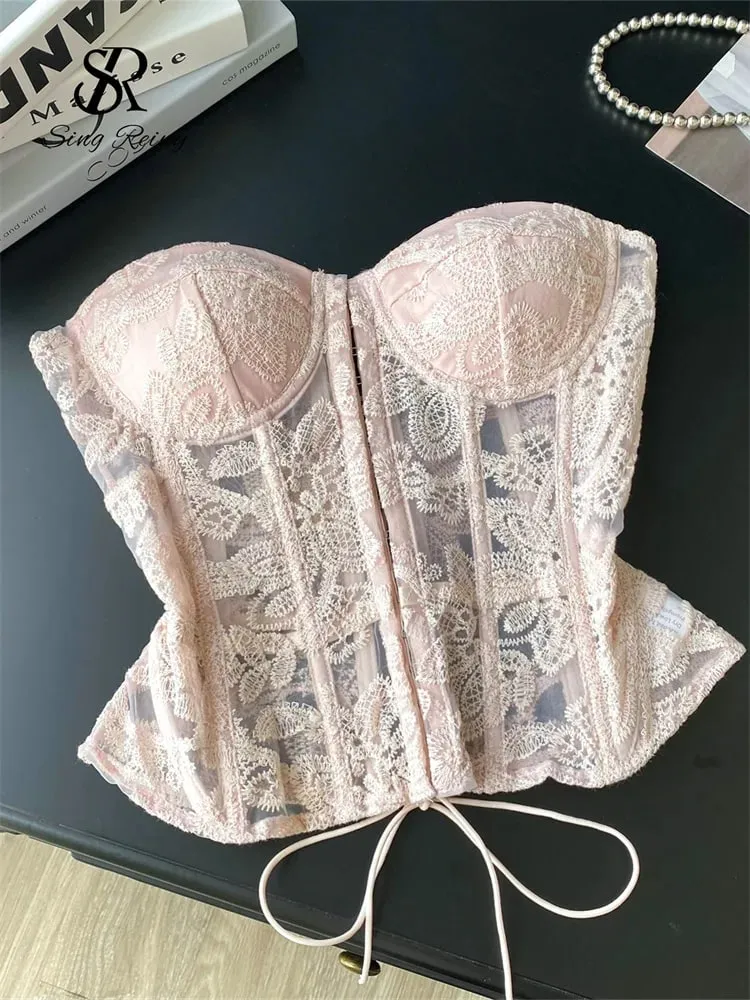 Floral Embroidery Sexy Club Top Female Strapless Slim Corset Backless Tank Top French Lace Up Basics Sheer Camisole — image 2