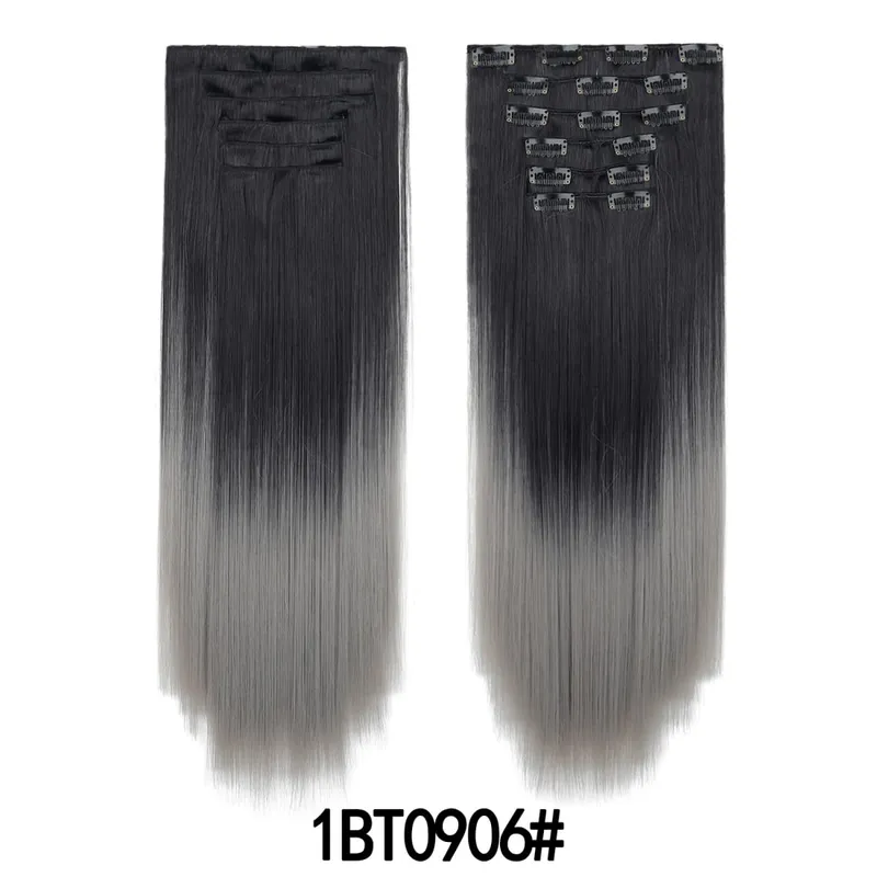 6PCS/Set Clip In Hair Extensions Long Straight Hair Full Head Ombre Gradient Color Synthetic Hairpiece For Women Daily Use