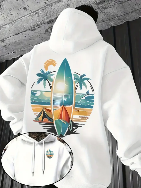 New Autumn/winter Men's Hooded Sweatshirt with Surfboard and Beach Print Loose Fit Stylish Street Style Comfortable Fit Hoodies — image 5