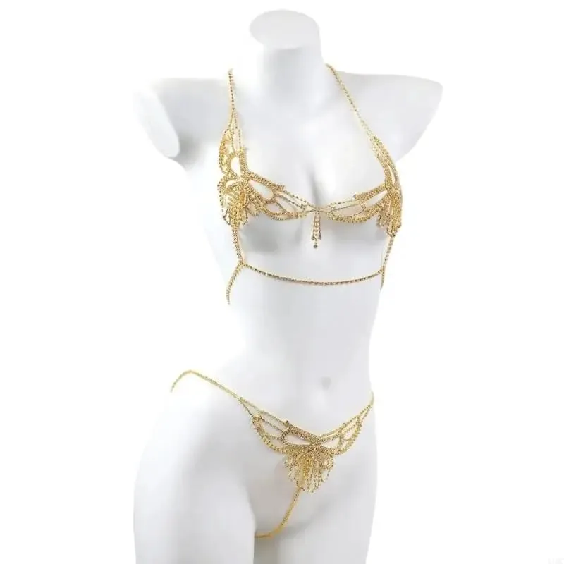 Rhinestones Outfit Body Jewelry Accessory Women's Bra Top and Panties Thong Body Chain Set for Vacation Wear