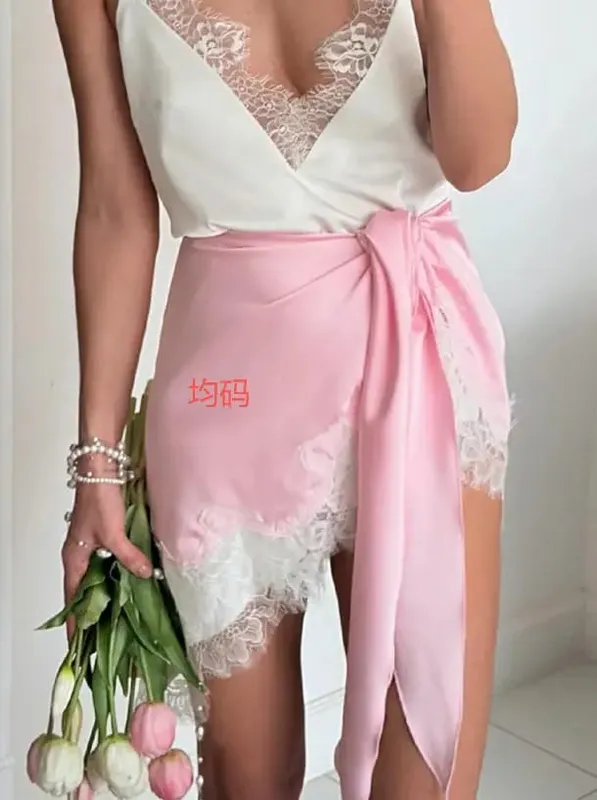 Satin Lace Patchwork Dress Women Long Sleeve O-neck Casual 2026 Spring Female Dresses Casual Solid Beach Robe Not Contain Pearls — image 12