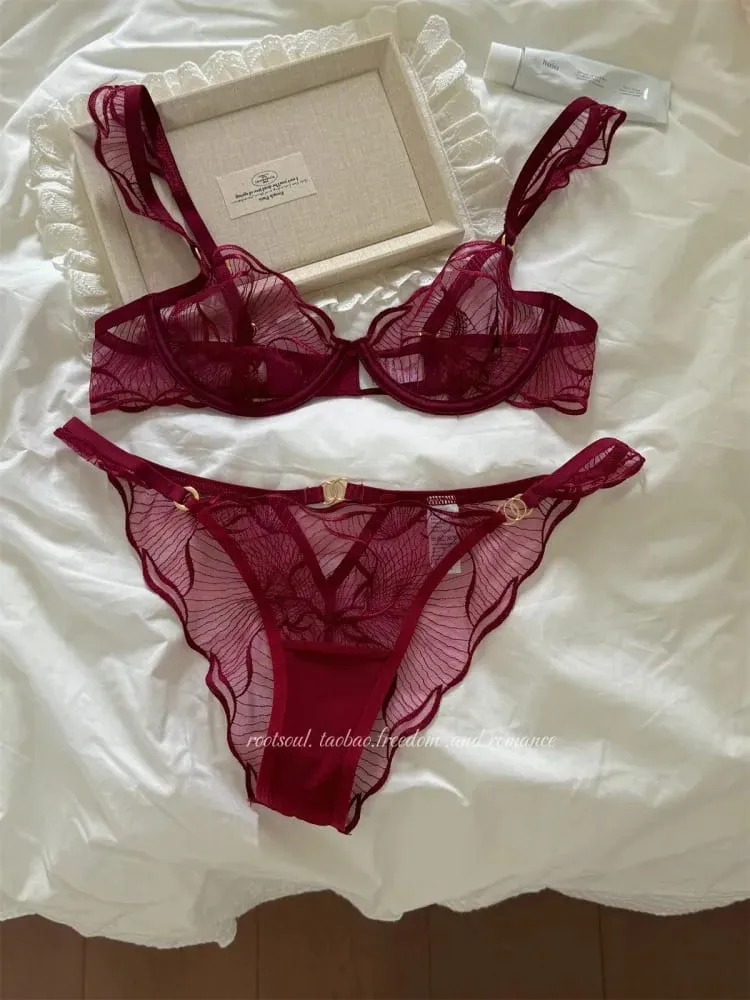 Sexy French Flower Embroidery Lace Bra Set Pure Desire Ultra Thin Push Up Wirefree Comfort Romantic Niche Bralette S-XL MOYISU — image 3