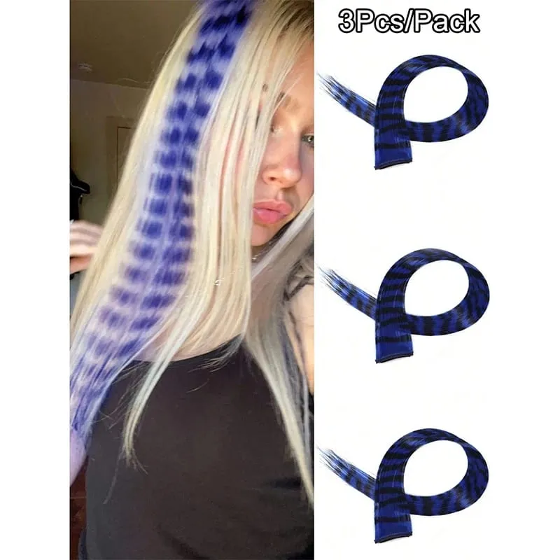 3Pcs Leopard Print Hair Extensions Synthetic Stripe Printed Hair Piece Colorful Long Straight Clip In Hair For Women Girls Party — image 15