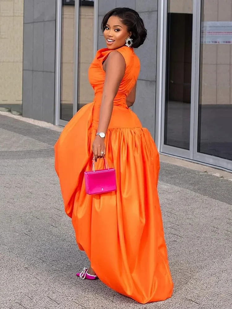 Women's Elegant Cinch Waist Maxi Cocktail Dress Orange Crew Neck Sleeveless Slim Fit Chic Dinner Club Party Evening Long Dresses — image 5