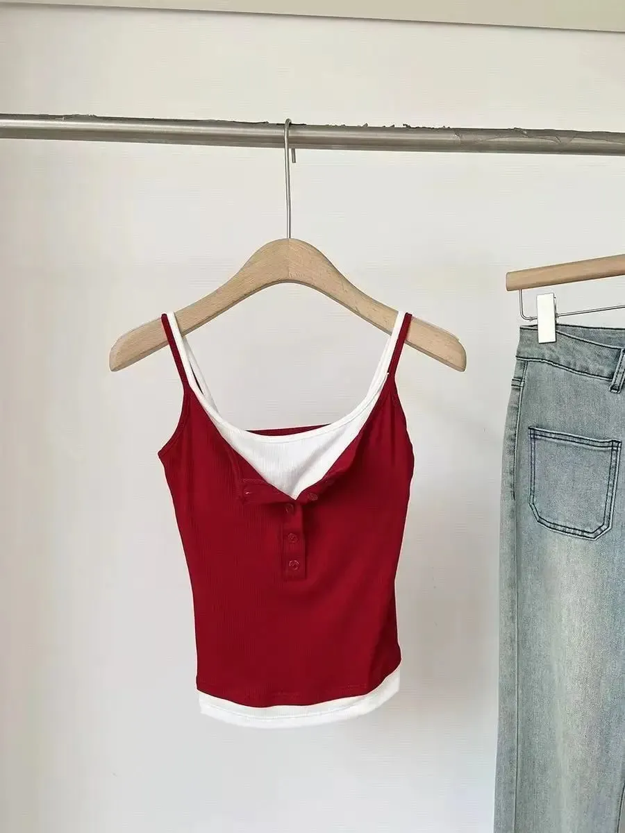 Fashion Fake Two Piece Camisole for Woman Spring Autumn Short Slim Fit Chest Pad Tank Women Korean Street Spicy Girl Clothes — image 7