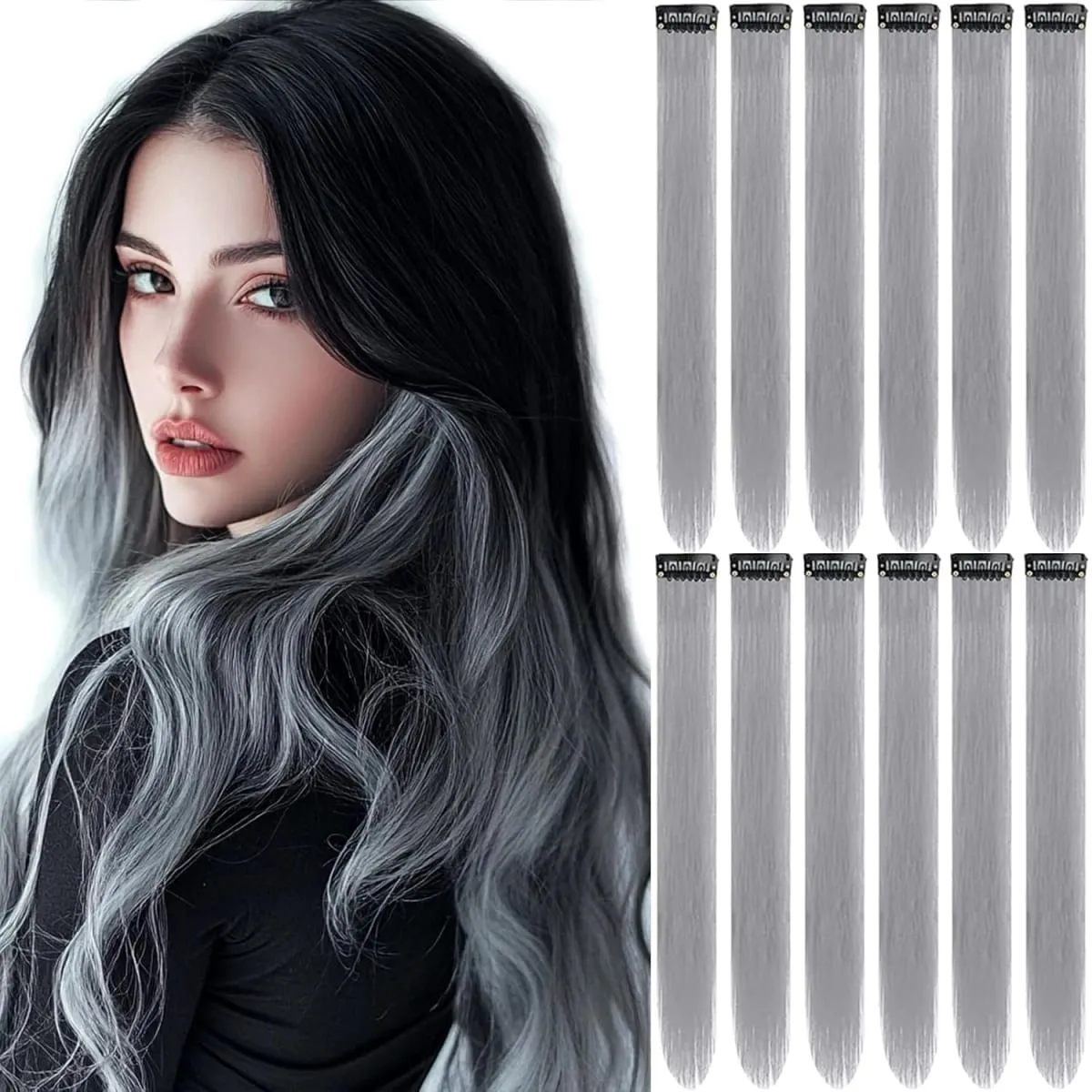 6/12 PCS White Hair Extensions Clip in Colored Party Highlights Extension Synthetic Hairpiece Straight 22 inch — image 2
