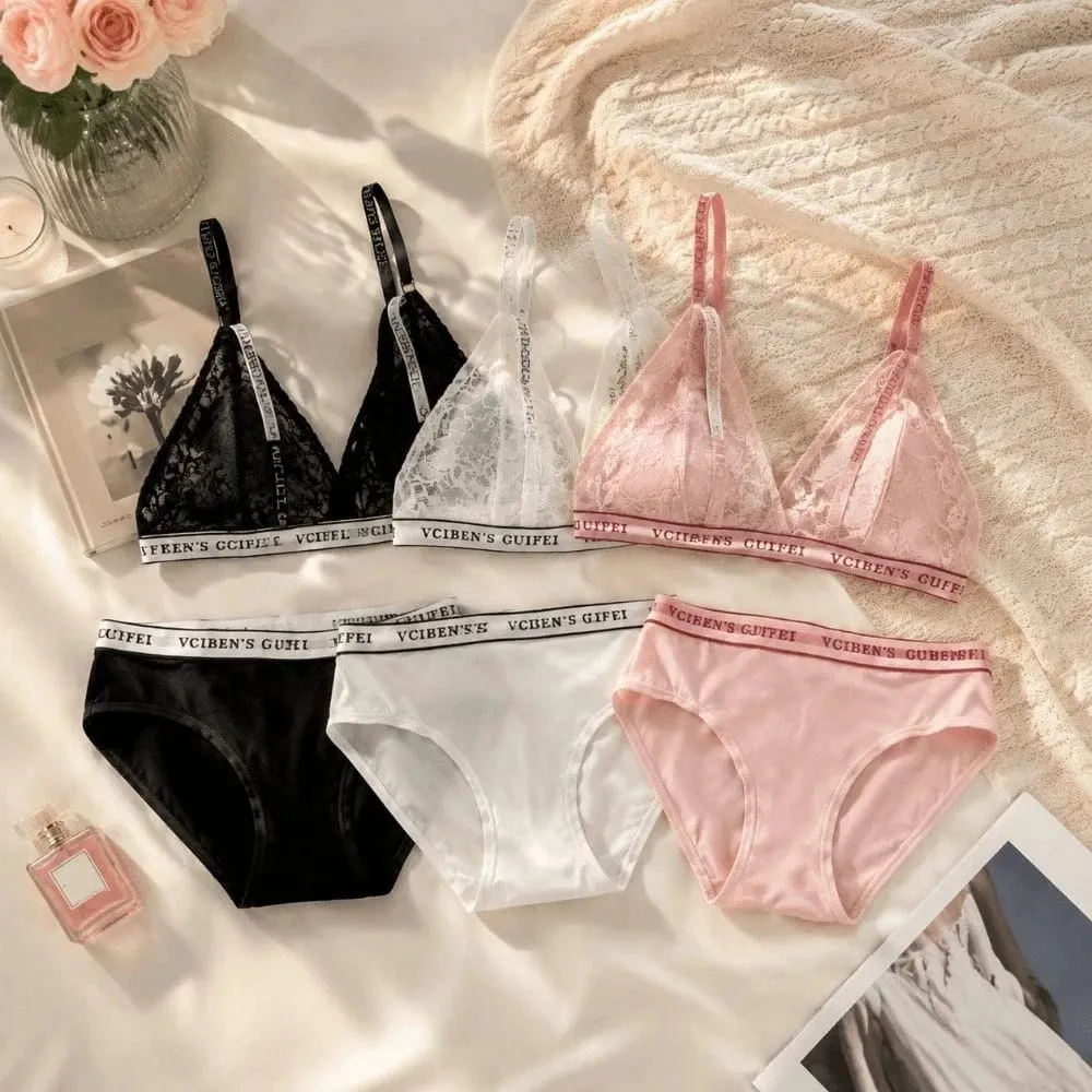 Breathable Letter Design Lingerie Set Deep V Wireless Women Underwear Suit Color Blocking Lace Bra Panties Set Gift — image 3