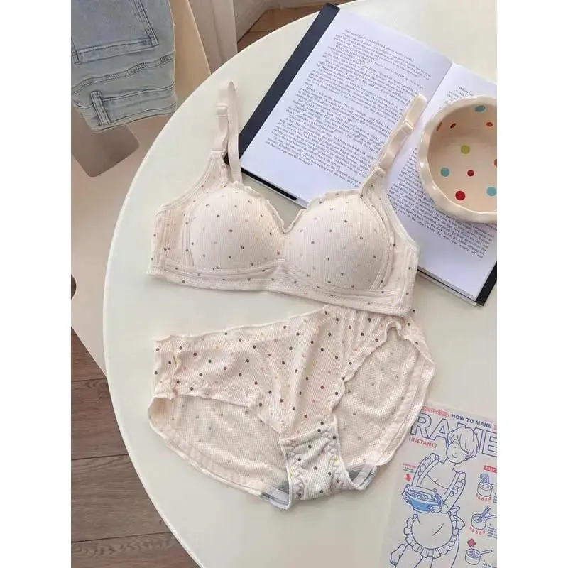 White Polka Dot Wireless Bra for Teens Push Up Bust Retraction Support Non Padded Bralette Set Small Chest Anti Sagging MOYISU — image 3