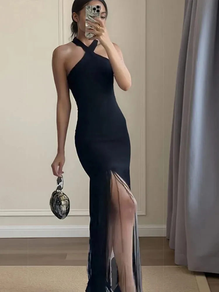 Women Tassel Patchwork Halter Maxi Dress Chic Solid Sleeveless Off-shoulder Slim Slit Dresses Fashion Lady Vacation Party Gowns — image 5