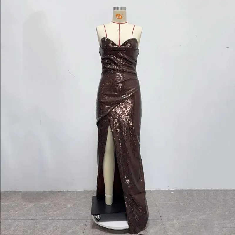 Sequined Strapless Evening Gown in Rose Color with a Thigh Slit Women's Sexy Sequin Open Back Lace Up Dress Long Style — image 9