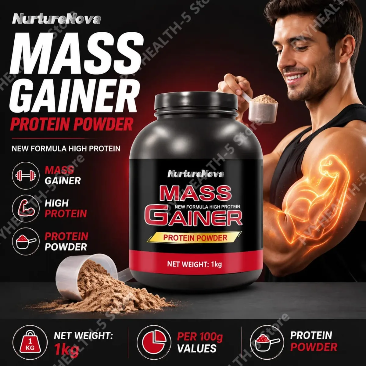 Mass Gainer Protein Powder NurtureNova New Formula High Protein for Muscle Building Support Sports Nutrition Supplement 1kg — image 2