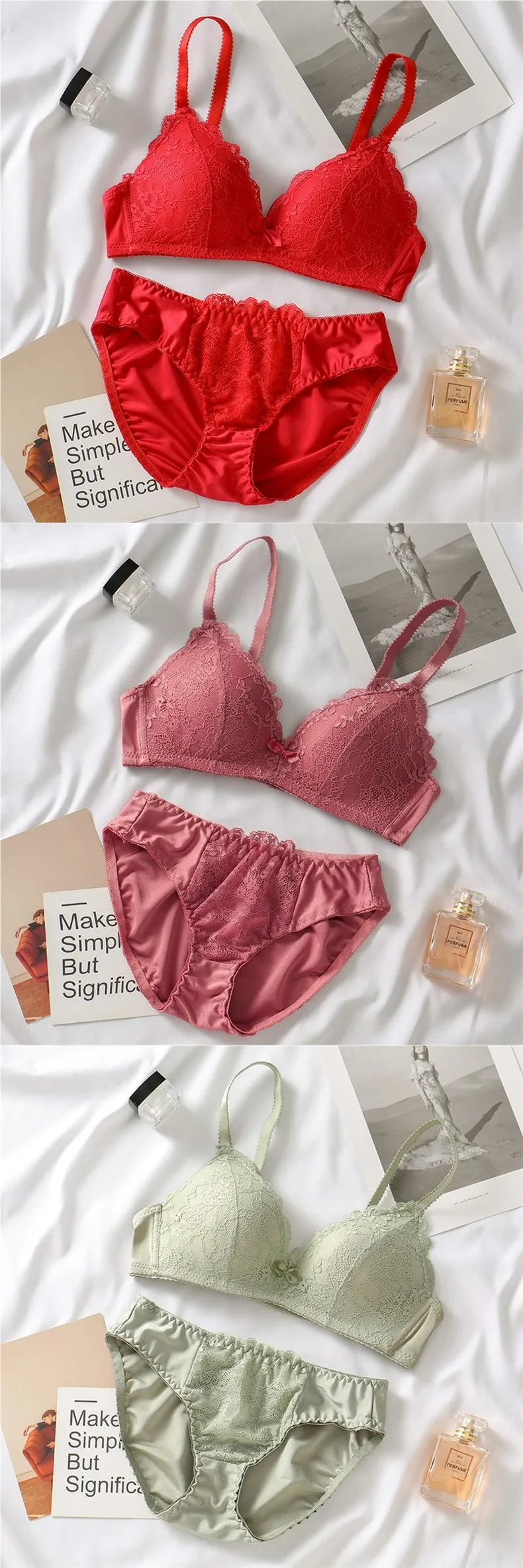 Women Lace Lingerie Set 32‑40ABC Cup Bow Decor Soft Comfort No‑Wire Bra And Briefs Breathable Intimate Underwear Suit — image 7