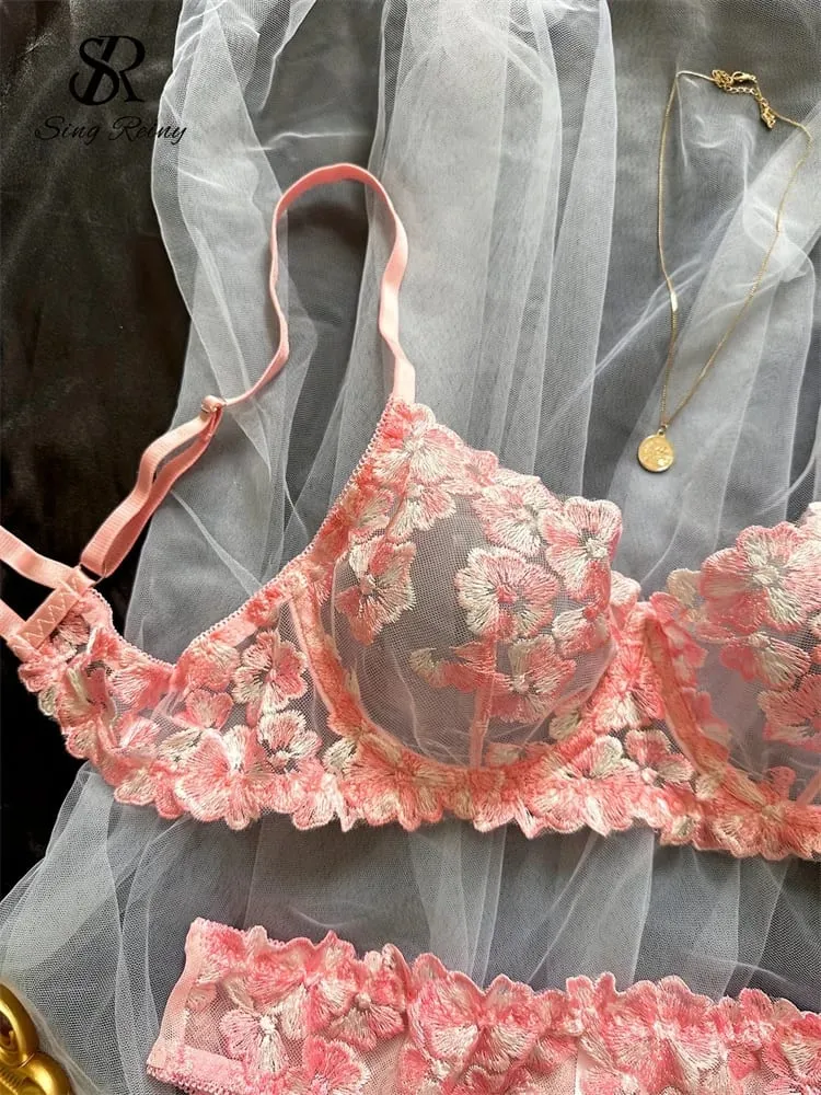 Mesh Sheer Lingerie Tweedelige Pakken Franse Bloemen Seusual Ondergoed Sets Vrouwen Borduren Sexy Bh & Slips Sets — image 5