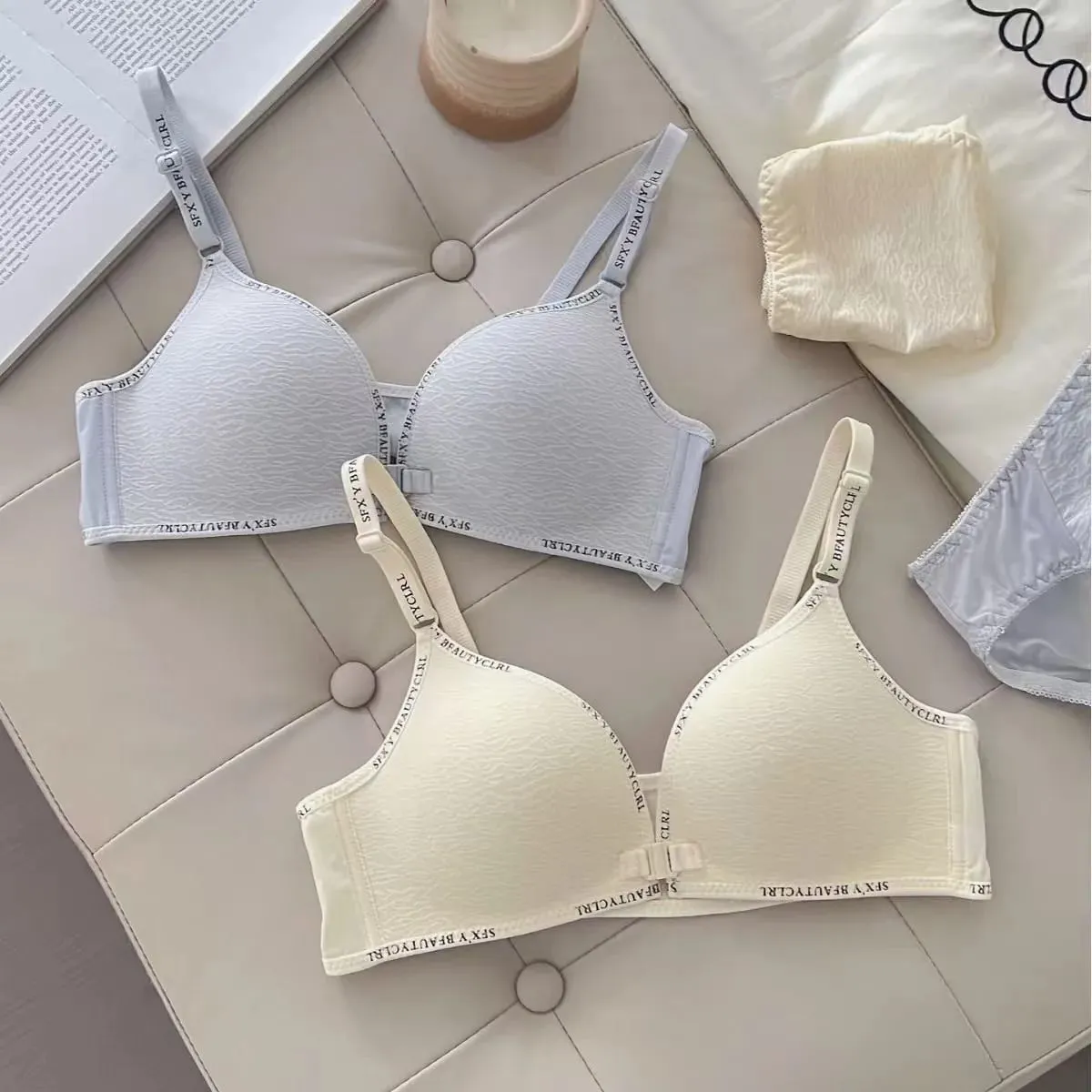 섹시한 프론트 클로저 푸시 업 란제리 작은 가슴을위한 세트 스틸 링 문자 어깨 끈이없는 편안한 얇은 브래지어
