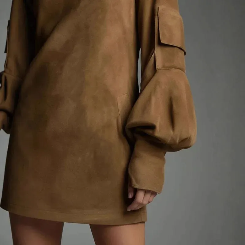 Autumn Retro Solid Suede Mini Short Dresses Sexy Turtleneck Slim Woman Pullover Dress Winter Long Sleeve Pockets Female Clothing — image 7
