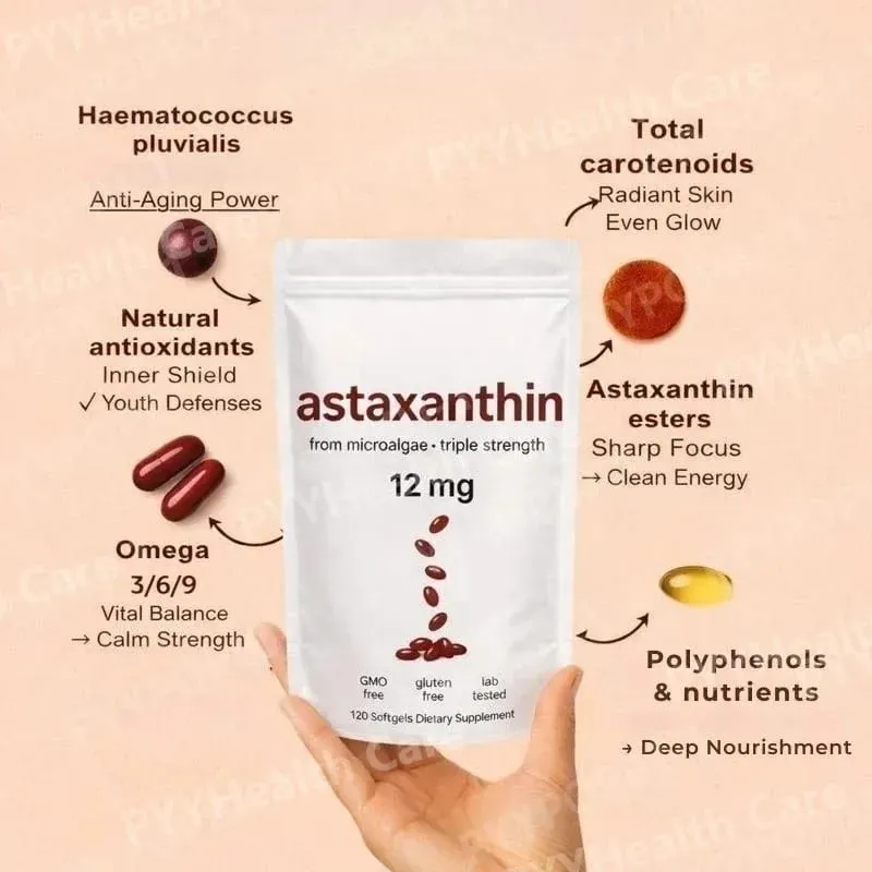 Astaxanthin 12mg Softgels with Oil From Plant-Based Microalgae with Oil Dietary Supplement 120 Pieces — image 2