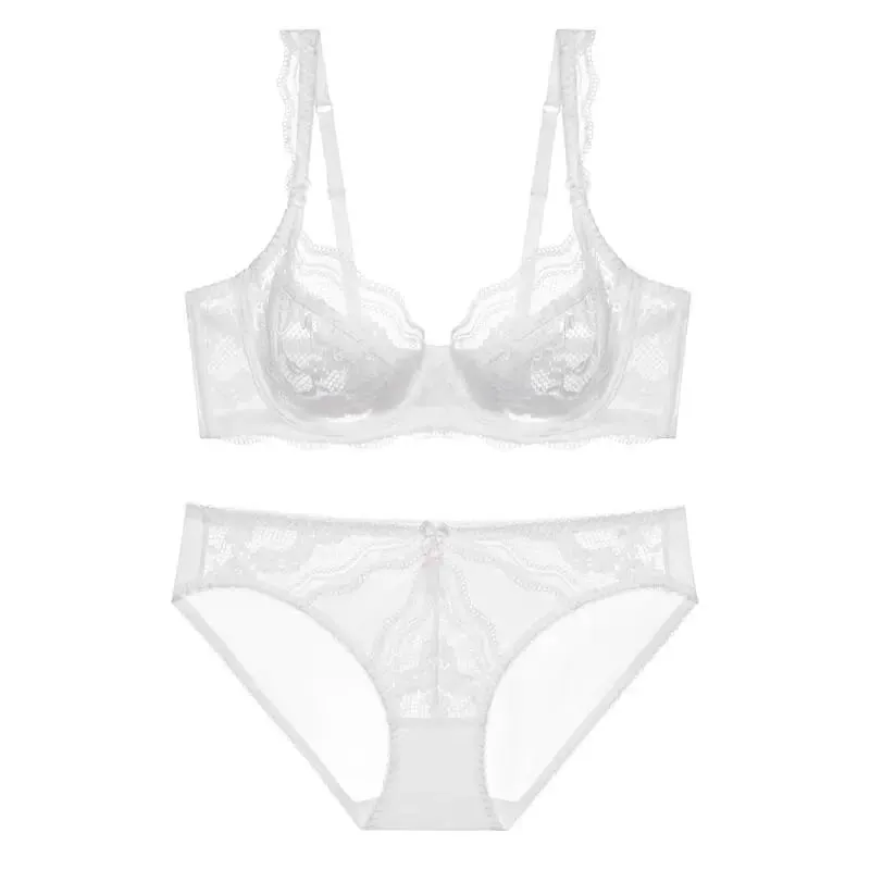 Plus Size Full Bust Minimizer Bra Set Sheer Floral Lace Thin Anti Sag Support Transparent Underwear Women Breathable Intimates