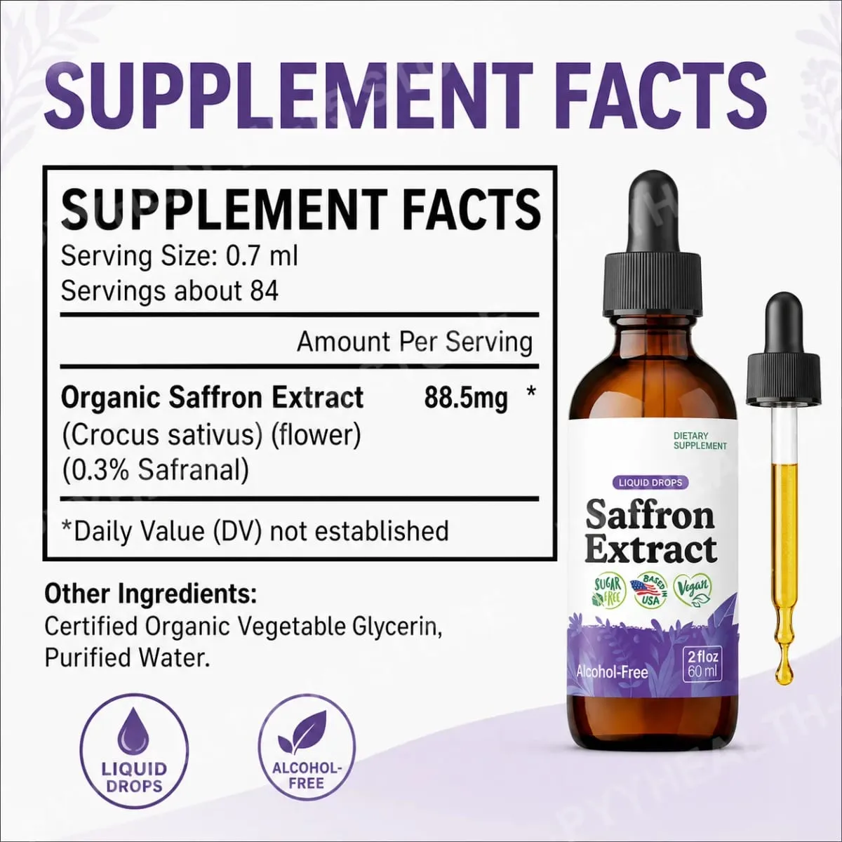 Saffron Supplements 88.5mg - Mood Focus & Eye Support Saffron Extract Liquid Drops Mix with Tea Vegan Alcohol-Free 2 Oz — image 2