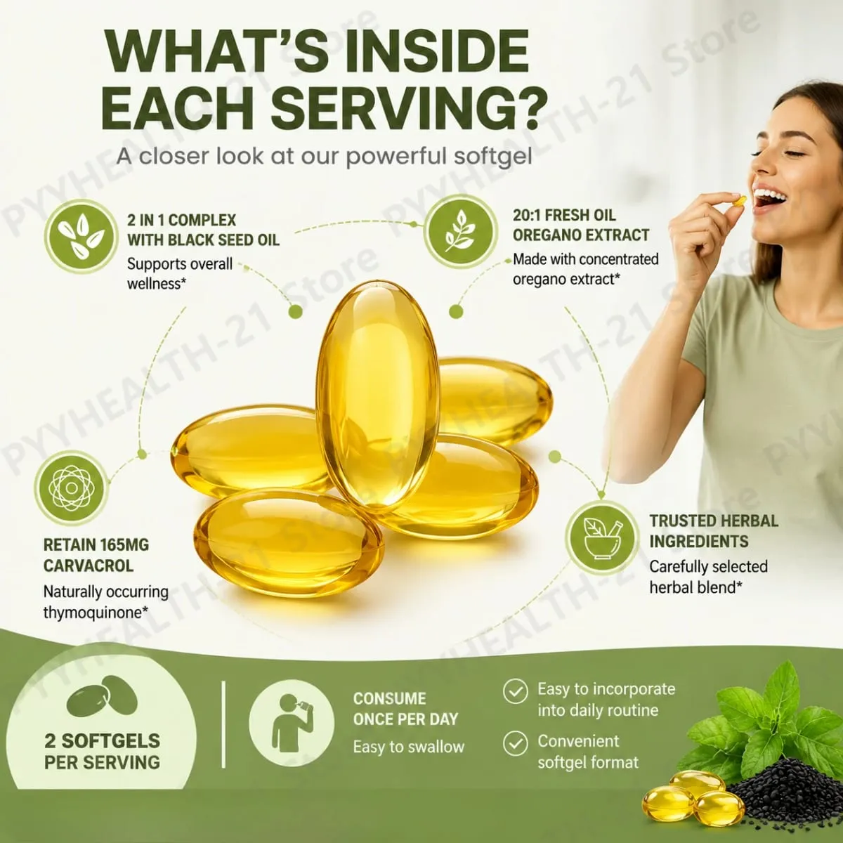 Oreganoolie 6000mg sorte frøolie softgels understøtter dagligt immunforsvar Fordøjelsesbalance Urteformel Ikke GMO 60 Antal — image 5
