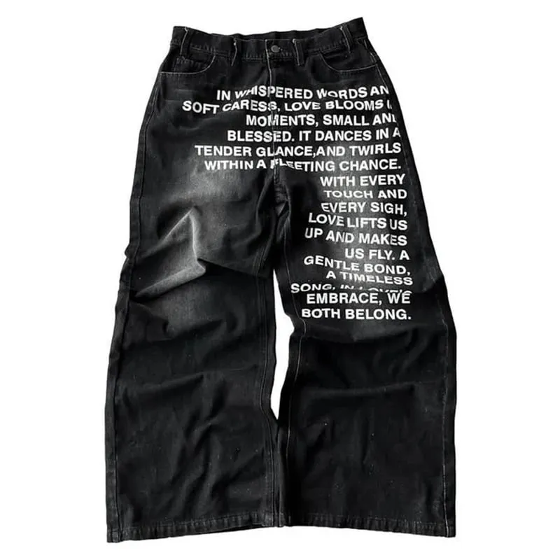 American Retro Men Alphabet Patterned Letter Jeans High Street Clothing Y2K Goth Women Unisex Baggy Casual Wide Leg Mopping Pant — image 9