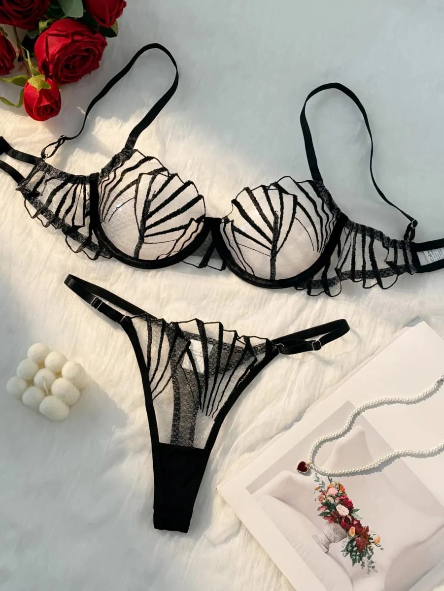 Women Black Geometric Embroidery Lingerie Set Ruffle Trim Underwire Bra Thong Sheer Mesh Stylish Intimate Underwear ZA824058 — image 2