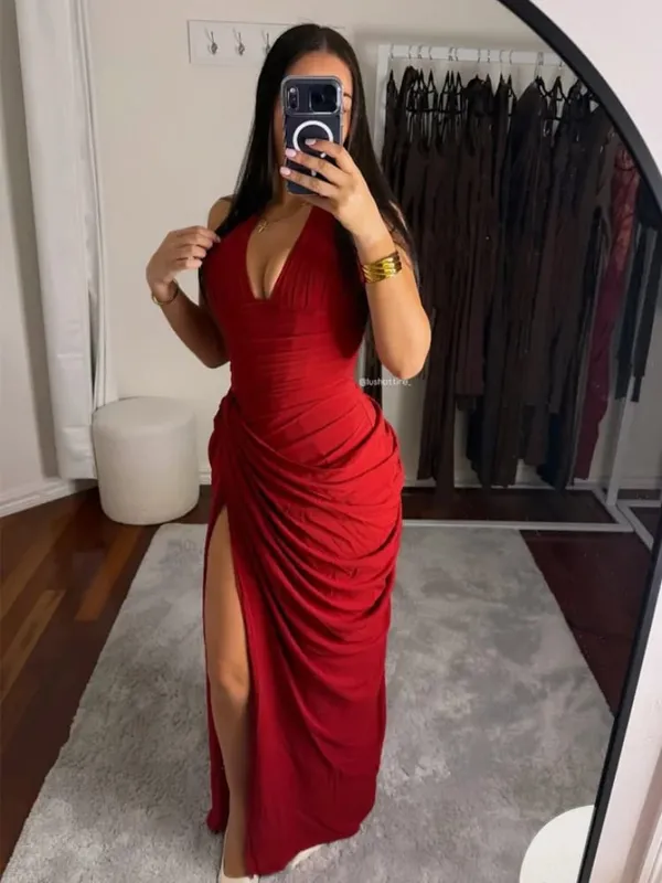 Elegante abito lungo pieghettato giallo senza spalline da donna Chic abito senza maniche solido in vita che stringe l'abito diviso 2026 abiti da sera da sera per donna — image 26