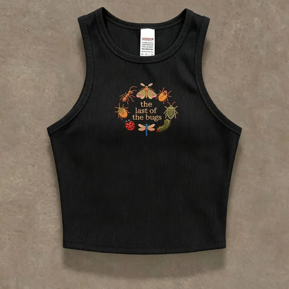 Cropped Ribbed Faux Embroidery Tee Shirt Y2K Cottagecore Insect Bug Print Vest Tank Top Summer Minimal Nature Gift for Her Lady