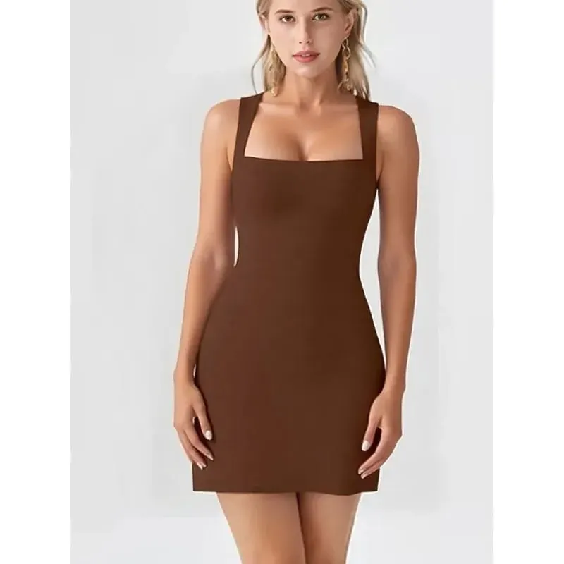 Summer Elegant Solid Color Simple Square Neck Sleeveless Short Dressest New Fashion Versatile Casual Women's Slim Basics Dress — image 6