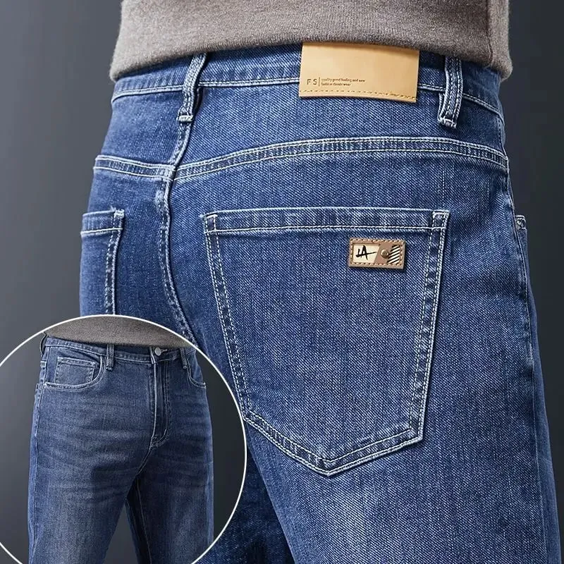 Men's Soft Stretch Straight Jeans Business Casual Slim Fit Wash Denim Pants Korean Fashion Blue Gray Male Brand Trousers — image 1