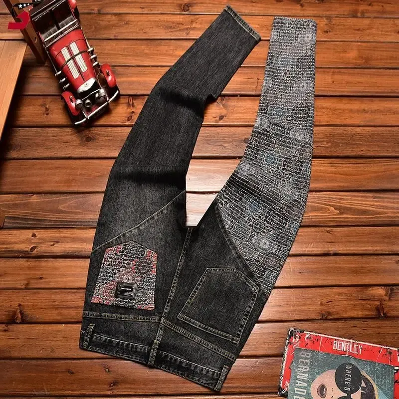 Stitching Embroidered Jeans Men's Contrast Color Fashion Stretch Slim Fit Skinny Personality Trend Fashion Motorcycle Trousers — image 3