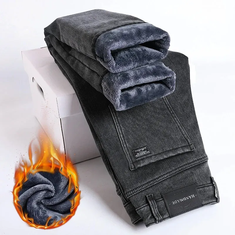 2027 New In Slim Straight Elastic Denim Winter Fleece Thick Warm Jeans Men's Pants Casual Male Clothing Fashion Plush Trousers — image 2