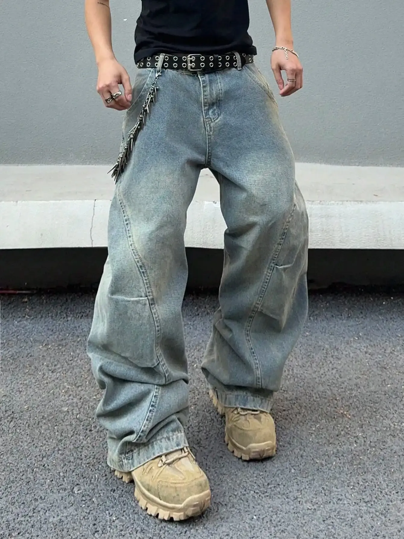 Vintage Men Washed Baggy Denim Jeans Stitched Panel Wide Leg Denim Pants Oversized Loose Hip Hop Streetwear Y2K Casual Trousers — image 8