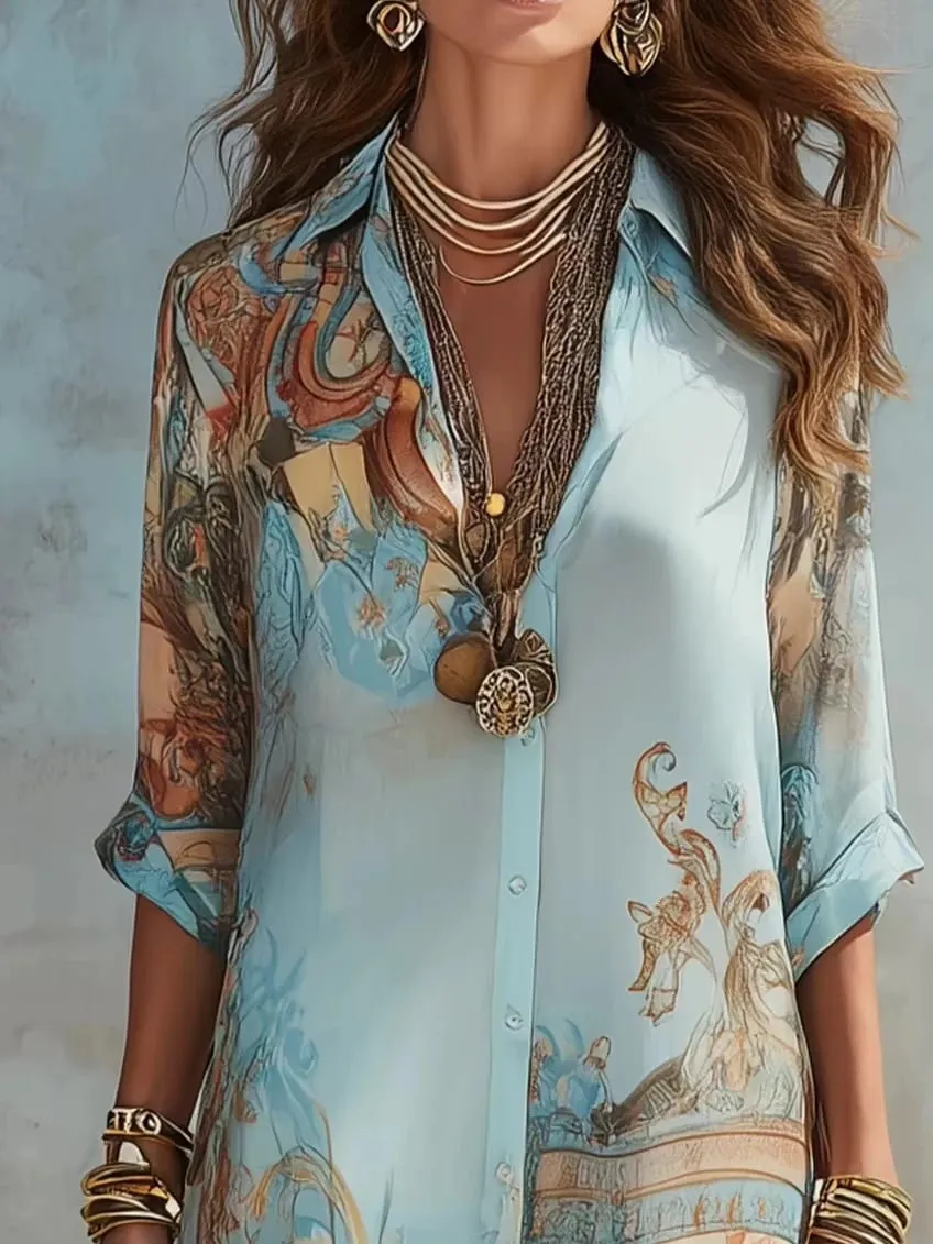 Elegant Shirt Dress for Women Chiffon Digital Print Turndown Collar Single-breasted Dresses Flowy Casual Boho Summer Clothing — image 4