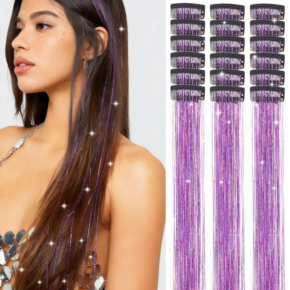 12 Pcs Clip in Hair Tinsel Sparkly Glitter Fairy Hair Extensions Shiny Hair Accessories For Girls Women Kids Party Festival — image 2