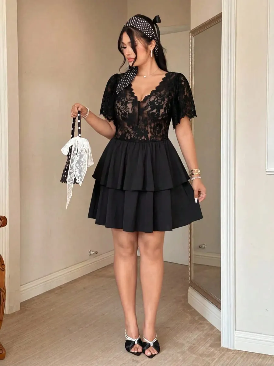 Elegant Lace Hollow Patchwork Cake Dress Plus Size Women's Dress Summer Vintage Ruffle Hem Party Evening Gown — image 7