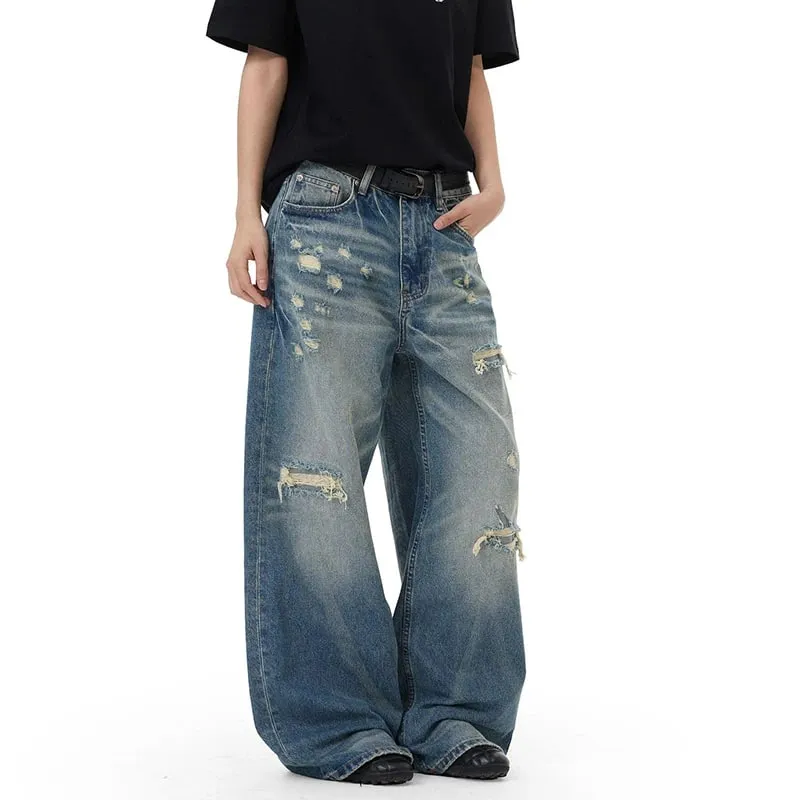 Retro Men's Washed Blue Jeans Distressed Straight Leg High Waist Loose Casual Wide Leg Denim Long Pants Fashion New 9X3258 — image 4