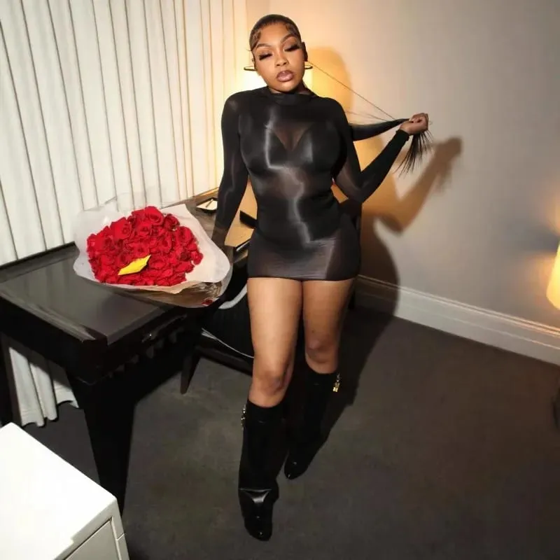 Oil Shiny Seamless Body Stockings Bodycon Mini Dress Women See Through O Neck Long Sleeve High Stretch Silky Glossy Clubwear — image 2