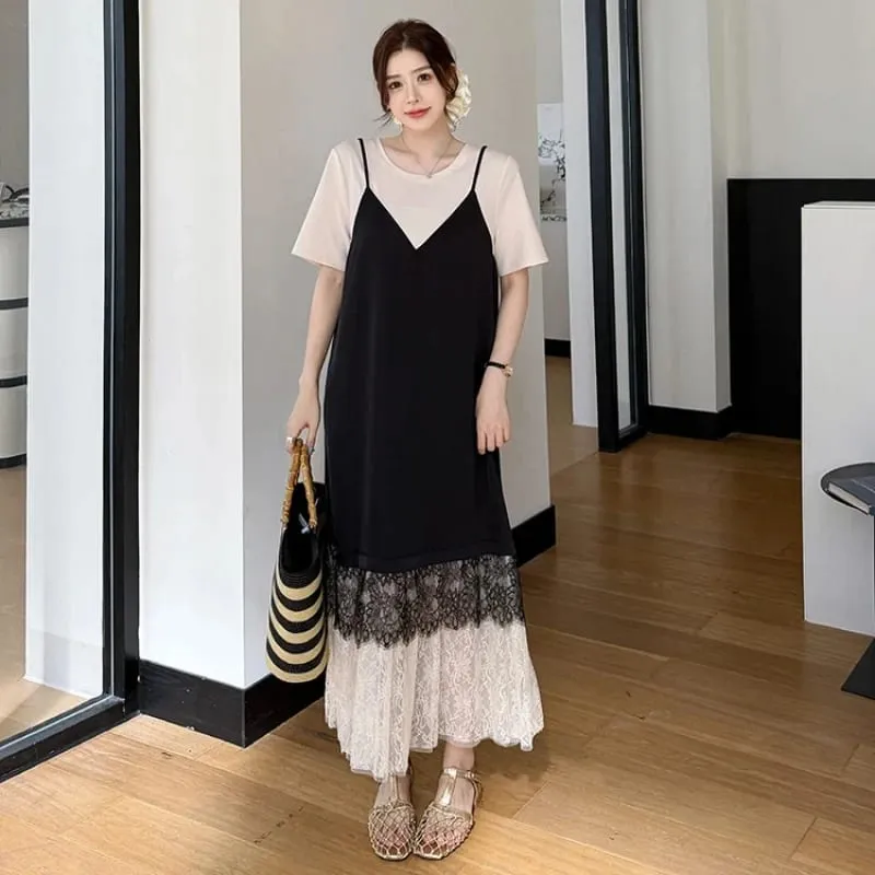 New 2026 Summer Women's Dresses Loose Plus Size Patchwork Lace Vestidos Fake Two Piece Female T-Shirt Dress Robe KE6690 — image 1