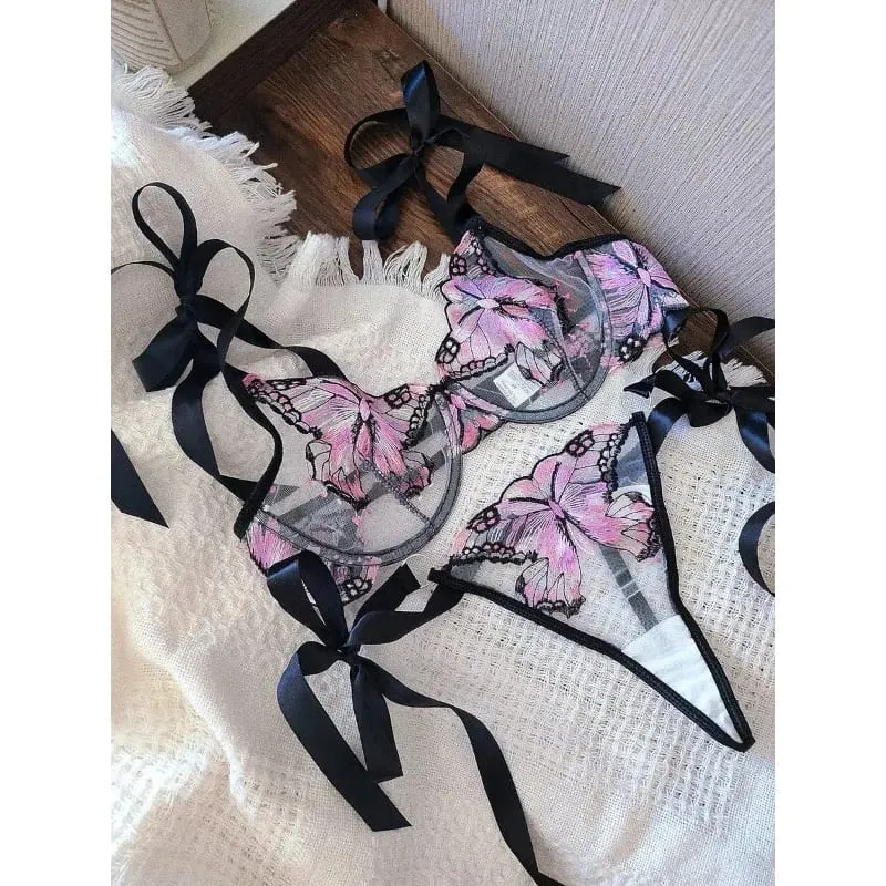 Reggente Pizzo Francese Farfalla Rete Trasparente Spalline Elastiche Senza Spugna Set Intimo S-XL Nuovo Morbido — image 2
