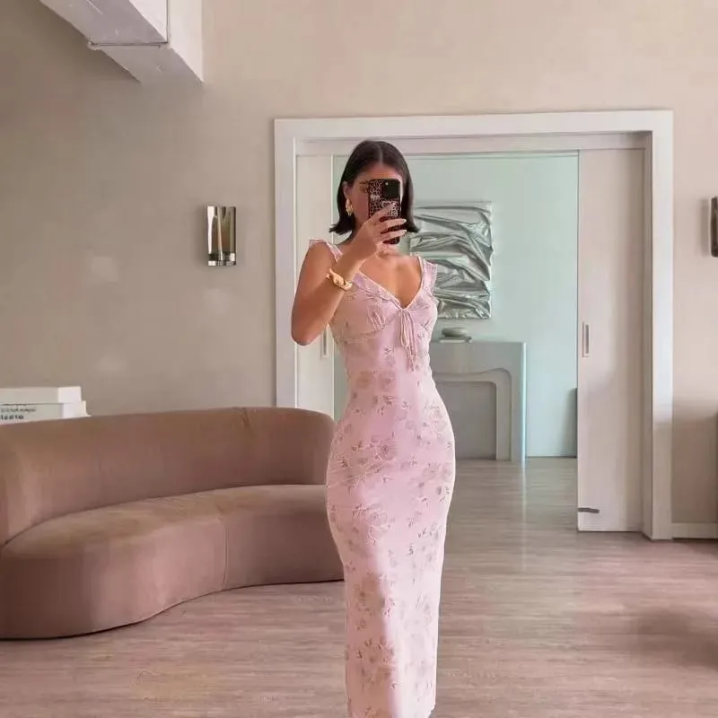 FL New Summer Flower Printed Women's Sexy Low-cut Dress Sleeveless Backless Slim Sling Dresses 2025 Beach Vacation Lady Vestidos — image 2