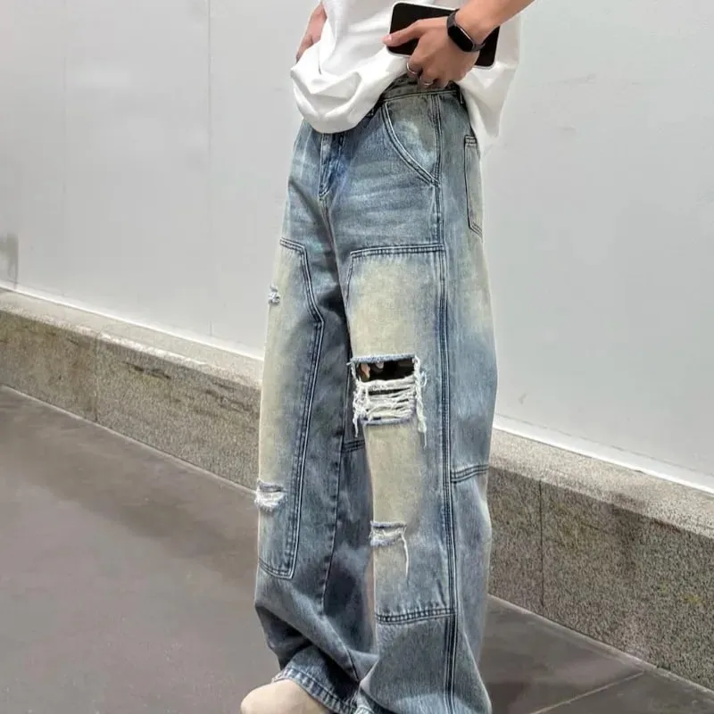 Mænds jeans Mandebukser Kraftig vasket multilomme snedkerstil Lige løse denimbukser Casual Fit High Street — image 2