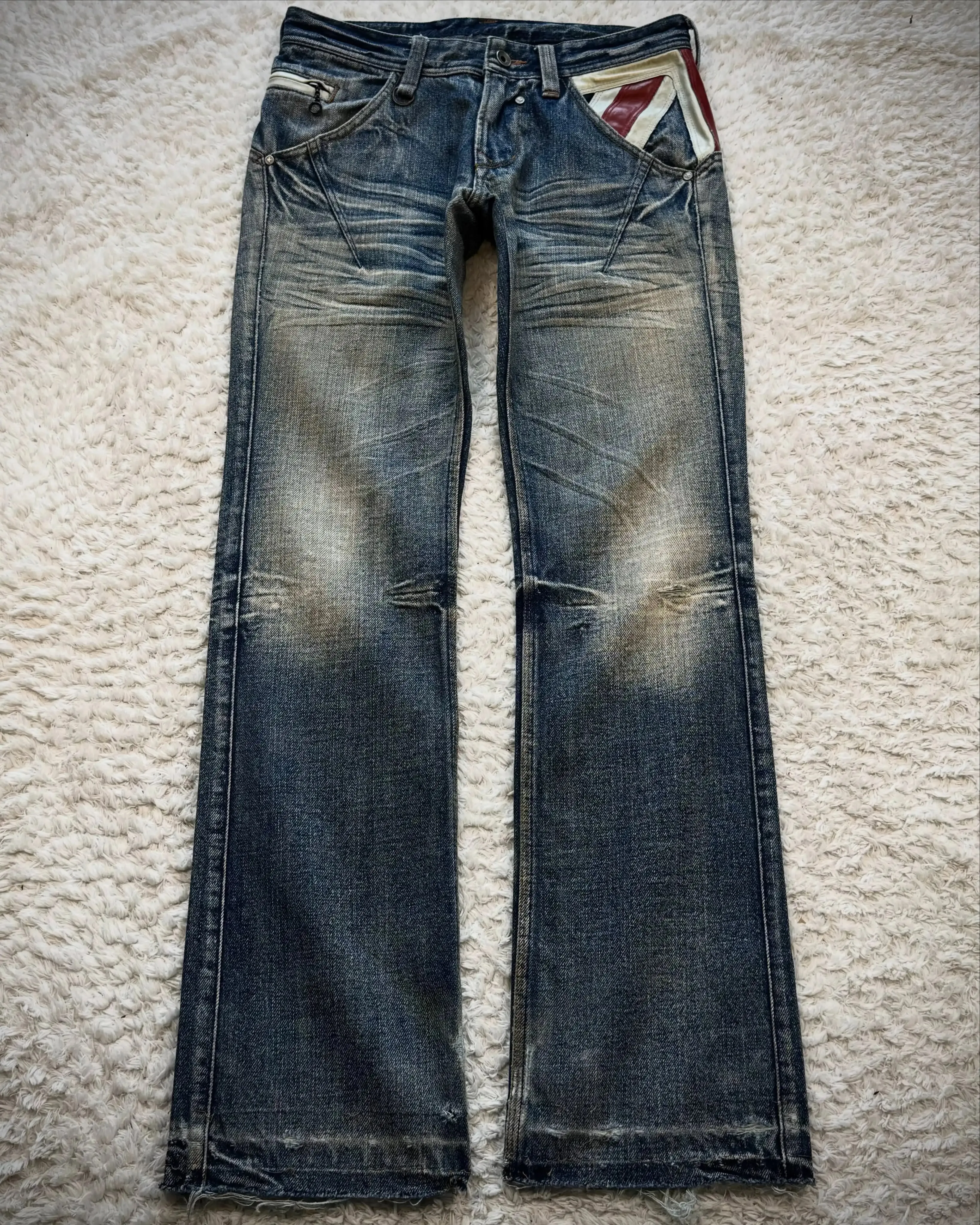 Vintage French Flag Pocket Patchwork Men's Jeans Y2K Low Waisted Straight Leg Blue Washed Denim Pants Women Casual Street Jeans