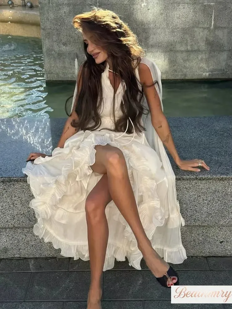 Solid Multi-layer Ruffled Maxi Dress Women's Elegant Sleeveless Off-shoulder High Waist Dresses 2026 Vacation Female Clothing — image 3