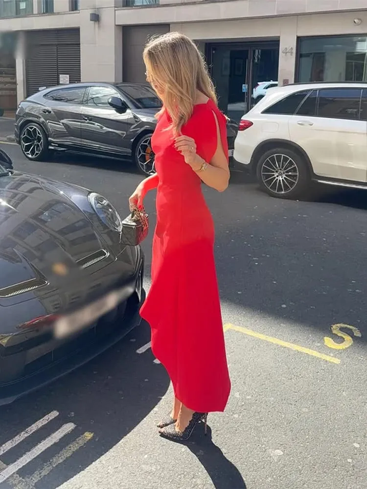 Asymmetric Hem Puff Sleeve Midi Dress Solid Boat Neck Slim Fit 2026 Summer Chic Elegant Party Women Evening Office Evening Gown — image 3