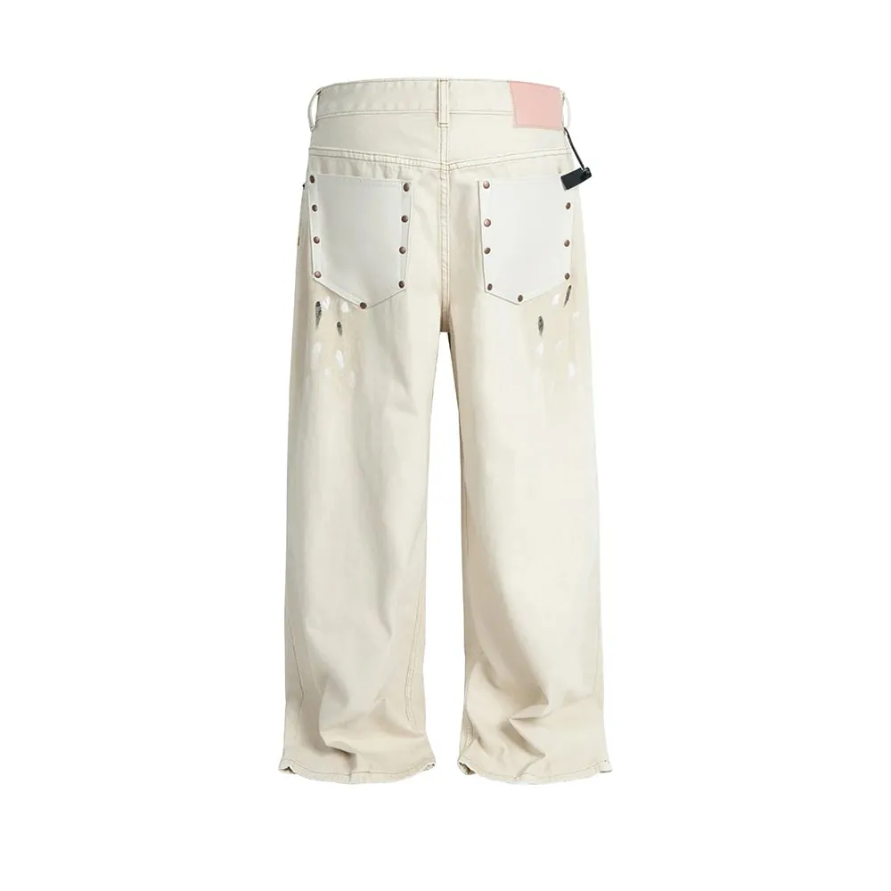 High Street Dirty Mud Splatter Baggy Jeans for Men Solid Color Loose Straight Rivet Pocket Washed White Denim Trousers Oversize — image 5