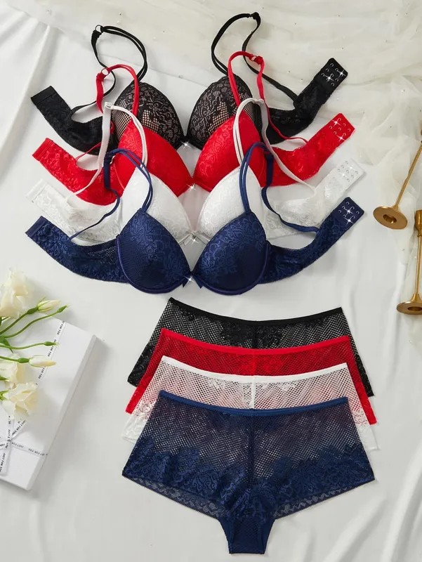 4 PCS Women's Underwear Set Sexy Floral Lace Push Up Bra Sheer Breathable Panties Stylish Comfortable Sexy Lingerie — image 2