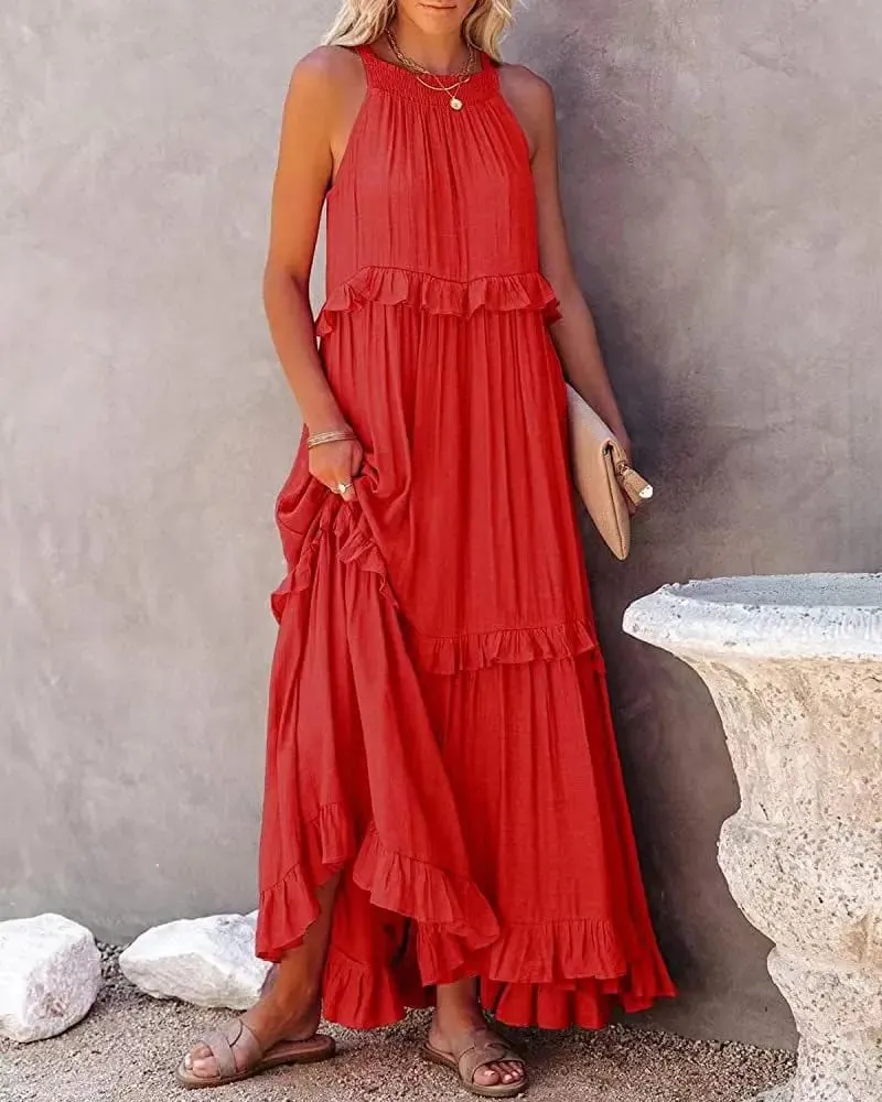 Women Casual Solid Ruffles Long Dress Summer Elegant Sleeveless Sundress Elegant Harajuku Maxi Dress Beach Party Evening Vestido — image 6